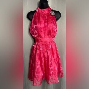 boohoo Polka Dot High Neck Chiffon Skater‎ Dress Pink Size Small